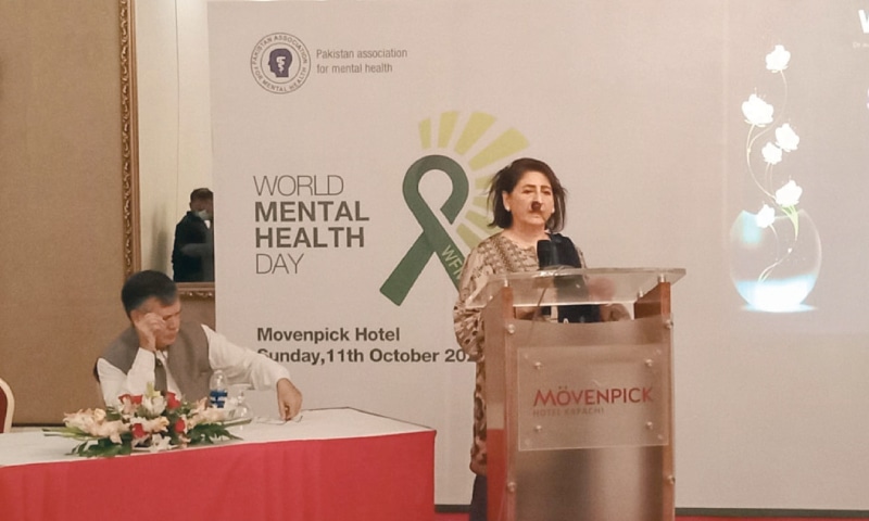 DR Unaiz Niaz speaks at a seminar held on Sunday at a local hotel on World Mental Health Day.