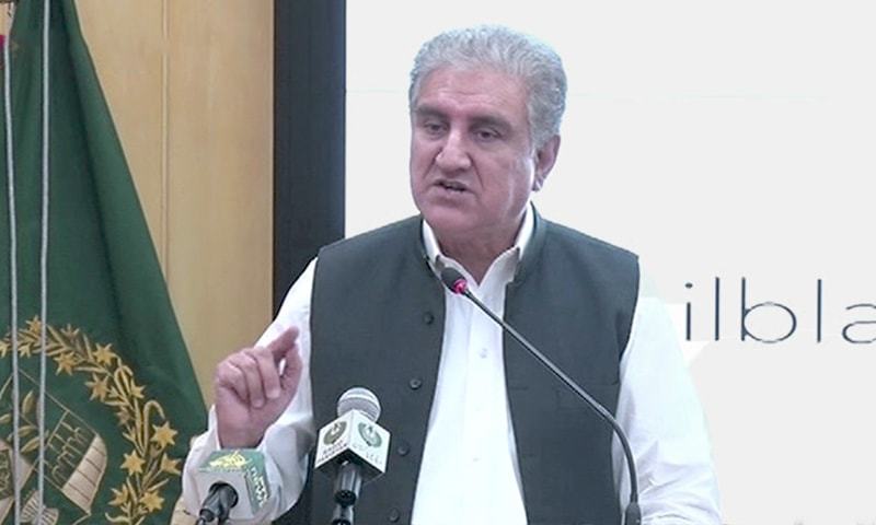 Foreign Minister Shah Mehmood Qureshi addresses an event in Islamabad on Monday. — DawnNewsTV