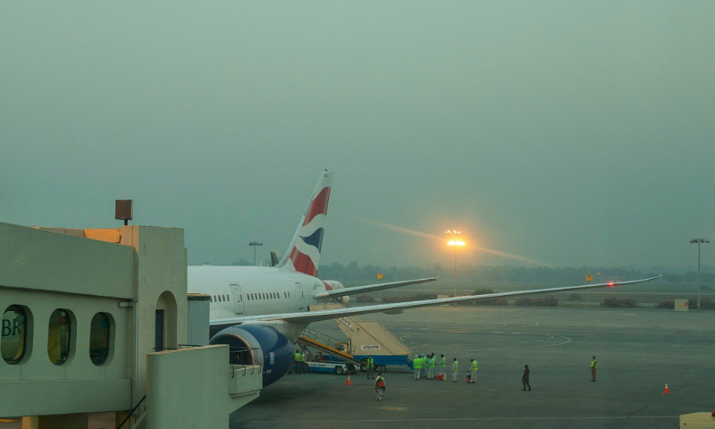 The British Airways flight is seen  at the Allama Iqbal International Airport on Tuesday. — Photo courtesy Twitter