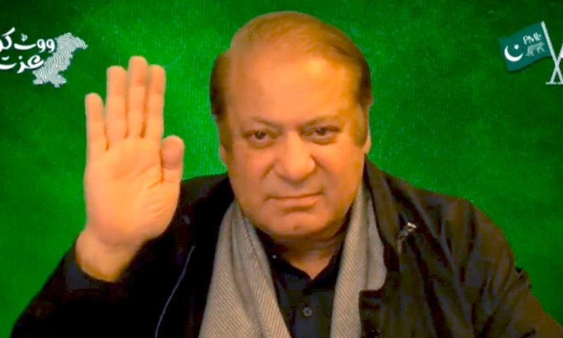 PML-N supremo Nawaz Sharif gestures before addressing the crowd via video link from London. – Twitter screengrab