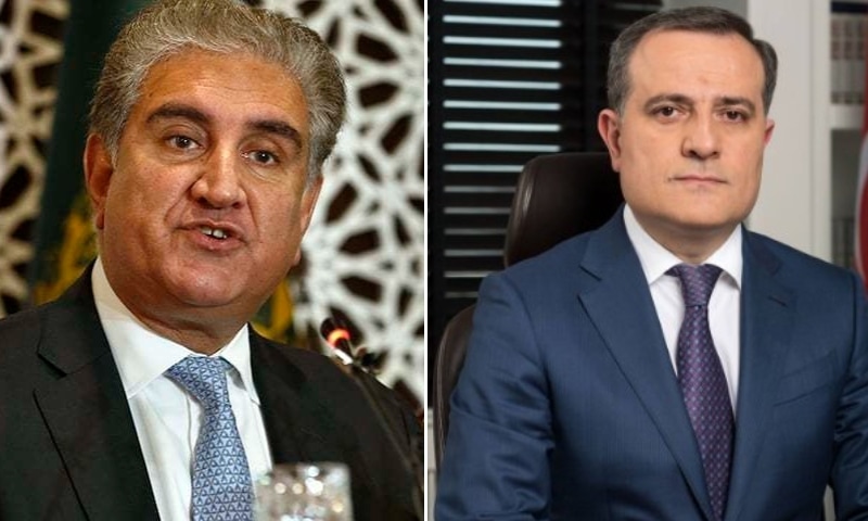 Foreign Minister Shah Mahmood Qureshi (left) had a telephone call with his Azerbaijani counterpart, Jeyhun Bayramov, on Tuesday. — Photo courtesy AP/Twitter