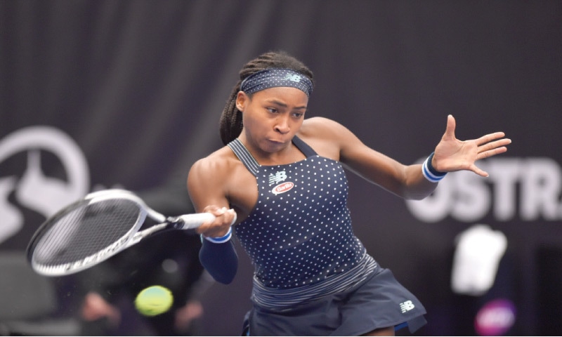 OSTRAVA: Cori Gauff of the US hits a return to Belarus&rsquo; Aryna Sabalenka during their match at the Ostrava Open.&mdash;AP