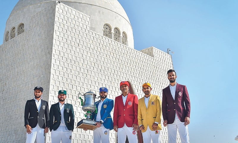 CAPTAINS of six competing sides — (L-R) Ashfaq Ahmed (Khyber Pakhtunkhwa), Yasir Shah (Balochistan), Azhar Ali (Central Punjab), Nauman Ali (Northern), Sarfaraz Ahmed (Sindh) and Shan Masood (Southern Punjab) — pose with the Quaid-e-Azam Trophy in front of the mausoleum of Father of the Nation Mohammad Ali Jinnah. — Courtesy PCB CAPTAINS of six competing sides — (L-R) Ashfaq Ahmed (Khyber Pakhtunkhwa), Yasir Shah (Balochistan), Azhar Ali (Central Punjab), Nauman Ali (Northern), Sarfaraz Ahmed (Sindh) and Shan Masood (Southern Punjab) — pose with the Quaid-e-Azam Trophy in front of the mausoleum of Father of the Nation Mohammad Ali Jinnah. — Courtesy PCB
