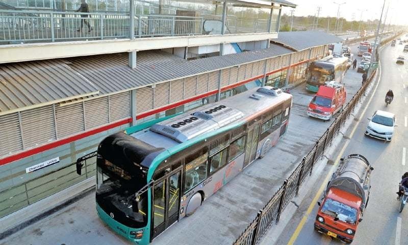 The Bus Rapid Transit service resumed here on Saturday after remaining suspended for around 40 days due to fire incidents in some buses. — Shahbaz Butt/File