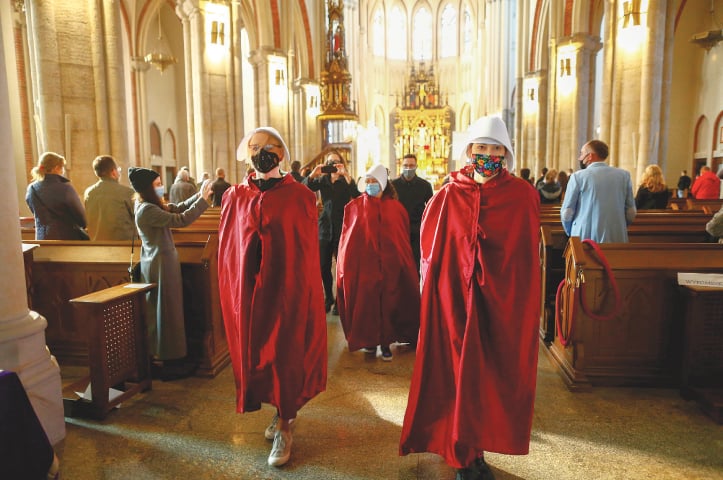 Lodz (Poland): Demonstrators hold a protest in a cathedral against a ruling last week by Poland&rsquo;s constitutional tribunal that imposed a near-total ban on abortion.&mdash;Reuters
