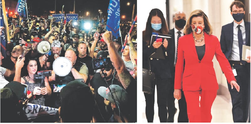 FAR right radio host Alex Jones, holding a megaphone, walks through the rally of Trump supporters outside the Maricopa county recorder&rsquo;s office in Phoenix on Thursday night. [Right] Speaker of the US House of Representatives, Nancy Pelosi, leaves after a press briefing on Capitol Hill in Washington on Friday. Pelosi, the top Democrat in Congress, called Joe Biden the &lsquo;president-elect&rsquo; after he pulled ahead in key election results.&mdash;AP/AFP
