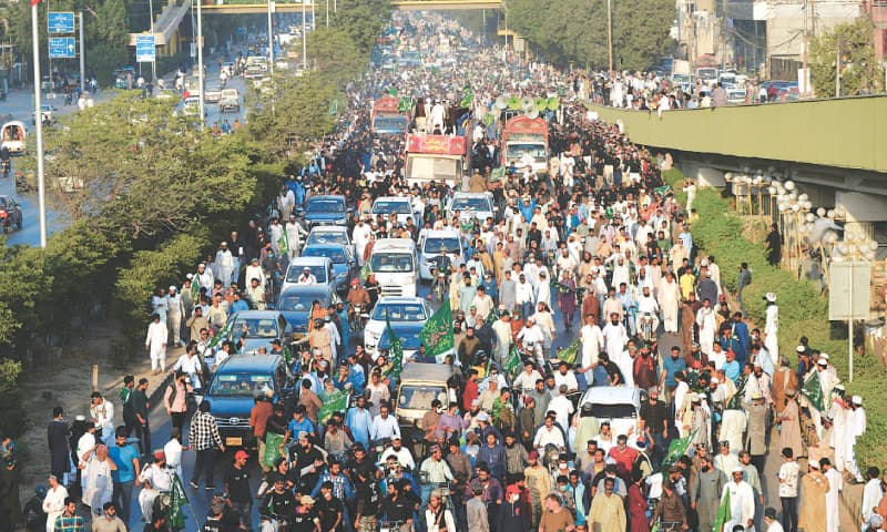 The TLP rally makes its way down Sharea Faisal on Saturday. — AFP