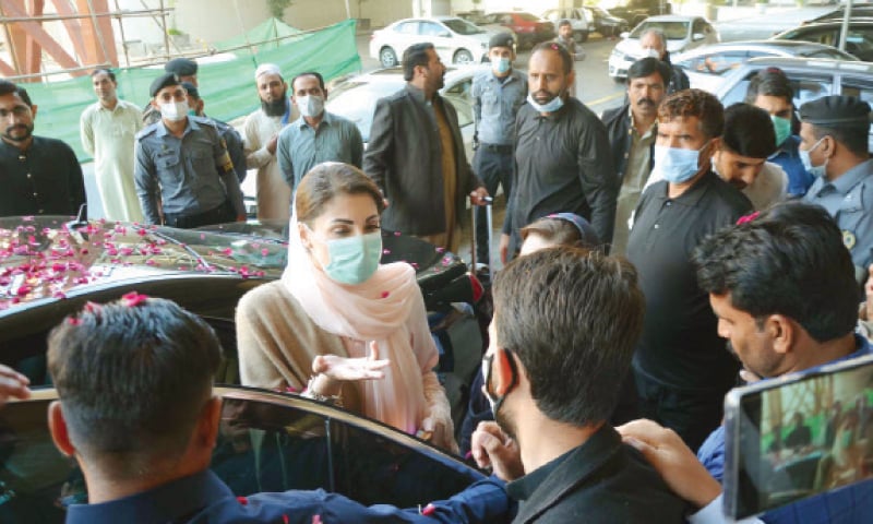 PML-N Vice President Maryam Nawaz talks to mediapersons at the Islamabad airport on Saturday. — INP