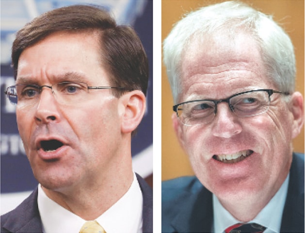 Mark Esper, the outgoing defence secretary (left) and Christopher Miller, his replacement