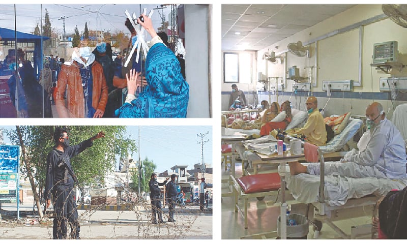 (Clockwise) Assistant Commissioner Humaira Baloch seals shops at a mall in Quetta on Monday after traders were found violating SOPs to curb the spread of the coronavirus. Covid patients at the quarantine ward of District Headquarters Hospital in Faisalabad. Policemen enforce smart lockdown in the Qasimabad area of Hyderabad.—PPI / Online