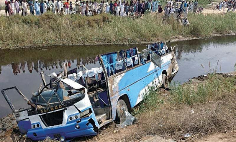 At least nine factory workers, including two women, suffered injuries on Tuesday as the bus they were traveling by plunged into Rohi nullah near Lal Shah locality on Kot Radha Kishan-Manga road. — File photo At least nine factory workers, including two women, suffered injuries on Tuesday as the bus they were traveling by plunged into Rohi nullah near Lal Shah locality on Kot Radha Kishan-Manga road. — File photo