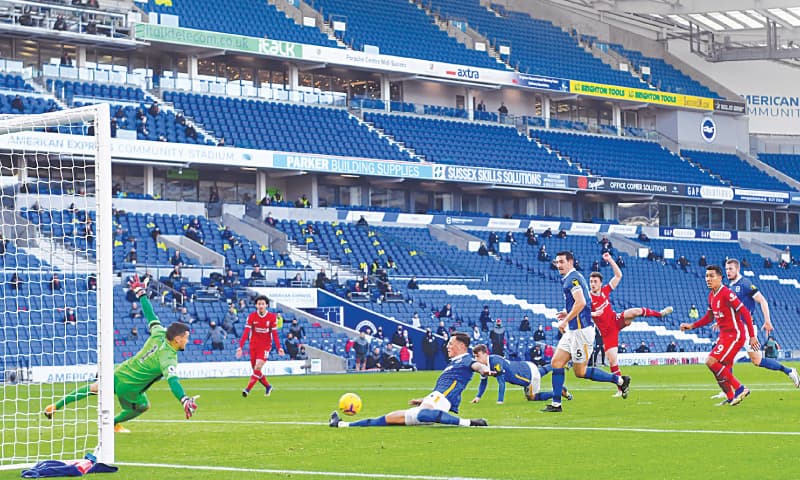 BRIGHTON: Liverpool&rsquo;s Diogo Jota (third R) scores during the English Premier League fixture against Brighton and Hove Albion at the American Express Community Stadium on Saturday. &mdash; AFP