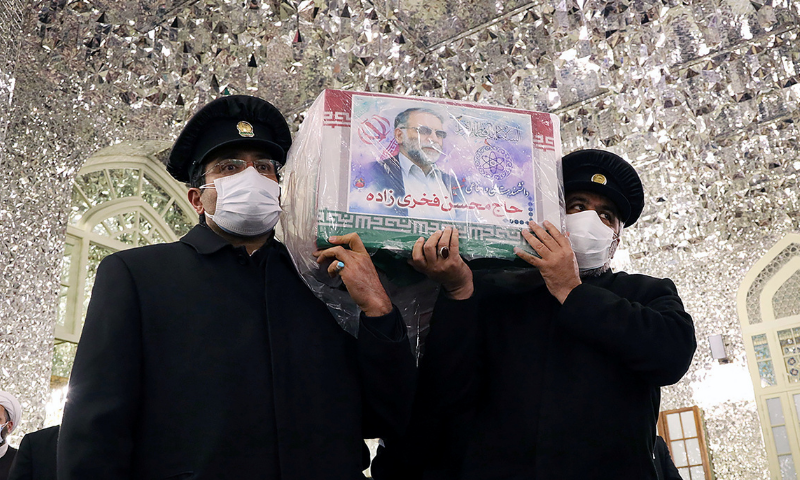 Servants of the holy shrine of Imam Reza carry the coffin of Iranian nuclear scientist Mohsen Fakhrizadeh, in Mashhad, Iran on November 29, 2020. — Reuters