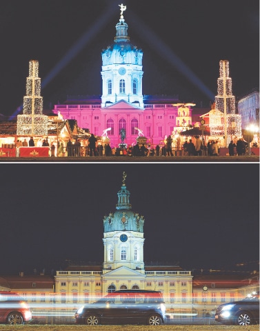 BERLIN: This combo image shows a 2008 file photo of the Charlottenburg Palace, with its traditional Christmas market (top), and the square as seen on Nov 24 this year (below). Christmas markets in Europe have joined a long list of institutions diminished because of the coronavirus pandemic. — AP