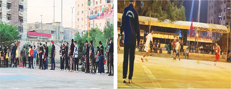 KARACHI: Players participating in archery (left) and futsal competitions at Students Games at the Mini Sports Complex Nazimabad.