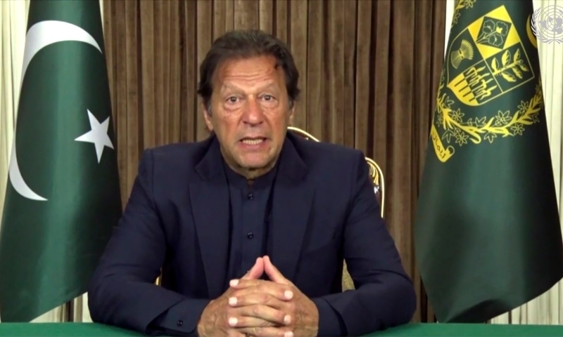 In this image made from UNTV video, Prime Minister Imran Khan in a pre-recorded message which was played during the UN General Assembly's special session to discuss the response to Covid-19  on Dec 3.  — AP