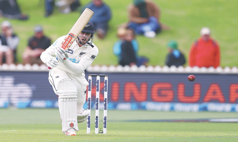 WELLINGTON: New Zealand batting hero Henry Nicholls drives during his unbeaten century against West Indies in the second Test at Basin Reserve on Friday. — AFP