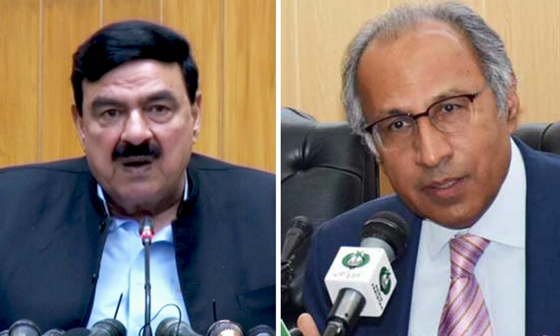 This combination file photo shows Sheikh Rashid Ahmed (L) and Hafeez Sheikh (R). — DawnNewsTV/Radio Pak