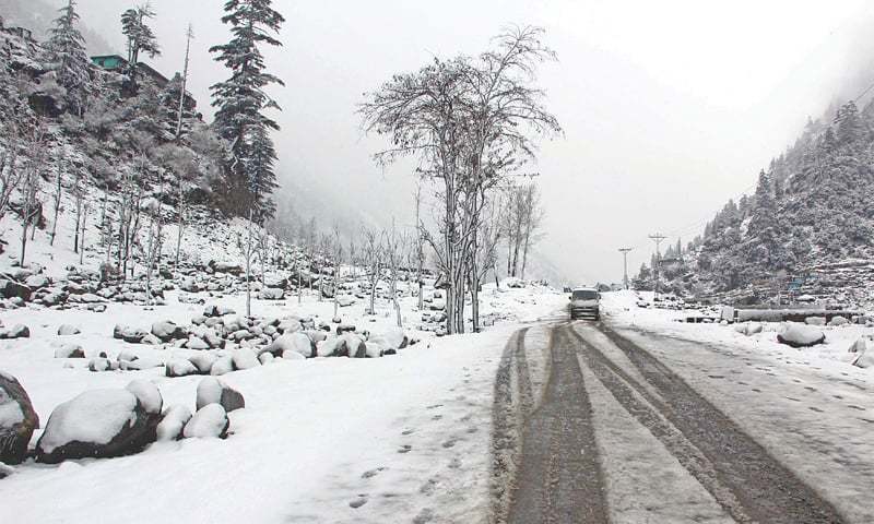 Heavy snowfall in upper parts of Hazara division and Shangla blocked roads, including the Karakoram Highway, on Saturday. &mdash; Dawn/File