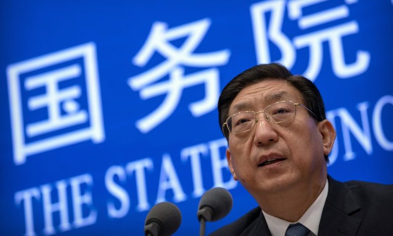 Zeng Yixin, vice minister of China's National Health Commission, speaks during a press conference about the rollout of China's Covid-19 vaccination programme at the State Council Information Office in Beijing on Saturday. — AP