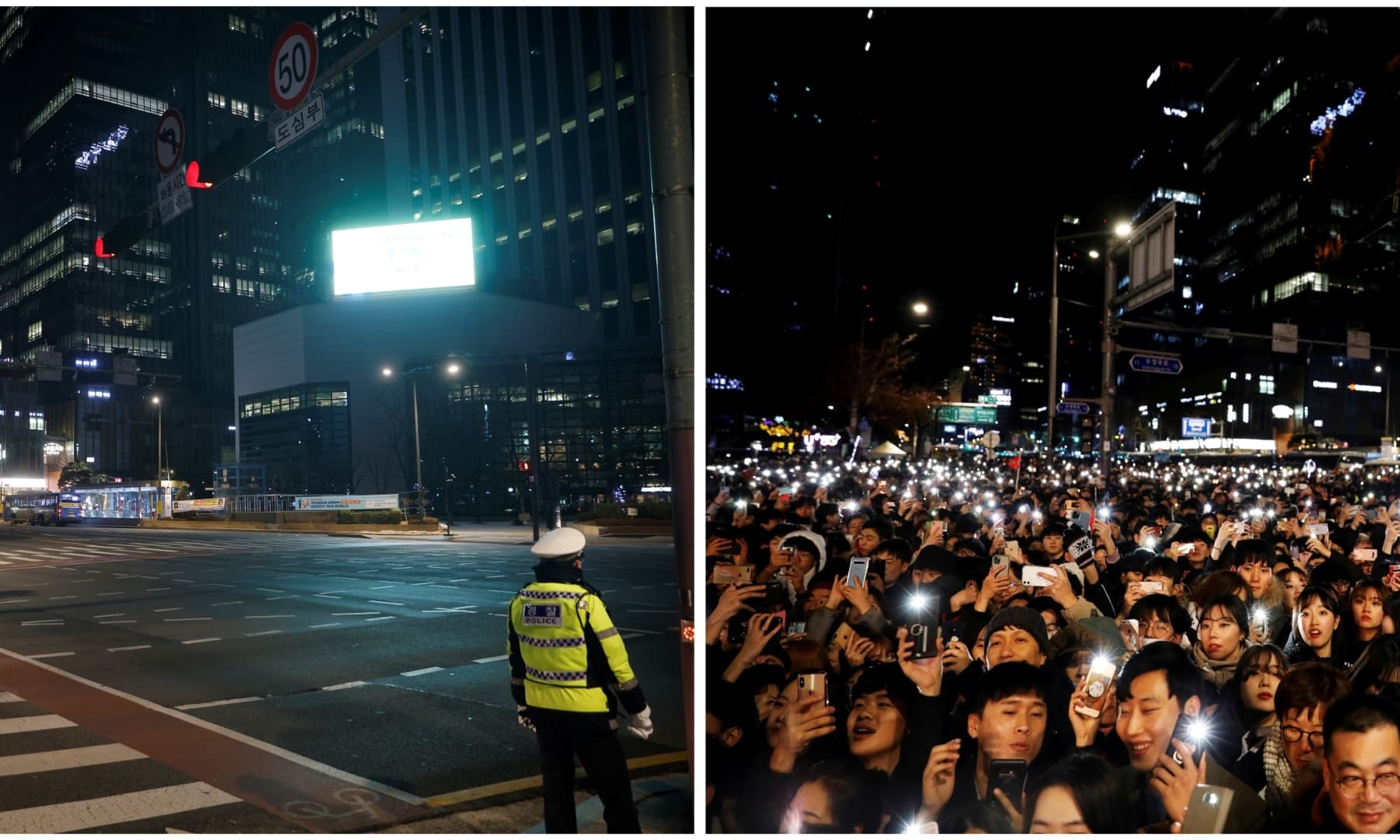 A combination photo shows people attending a ceremony to celebrate the new year on December 31, 2019, (R), and a policeman standing before a zebra crossing on New Year's Eve amid the coronavirus pandemic, in Seoul, South Korea, December 31, 2020 (L). — Reuters