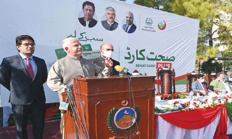 Chief Minister Mahmood Khan addresses a ceremony in Peshawar on Friday. &mdash; Dawn