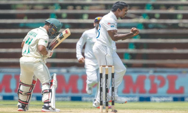 SRI LANKAN paceman Vishwa Fernando celebrates after dismissing South African batsman Temba Bavuma during the second Test at the Wanderers on Monday.&mdash;AP