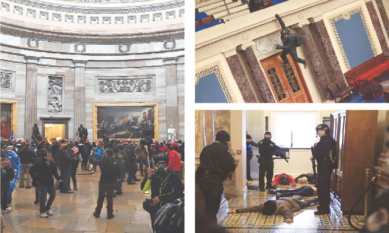 (Clockwise) Supporters of President Donald Trump enter the US Capitol’s rotunda after breaching security. A protester is seen hanging from the balcony in the Senate chamber. Police stand beside detained protesters outside the House chamber.—AFP (Clockwise) Supporters of President Donald Trump enter the US Capitol’s rotunda after breaching security. A protester is seen hanging from the balcony in the Senate chamber. Police stand beside detained protesters outside the House chamber.—AFP