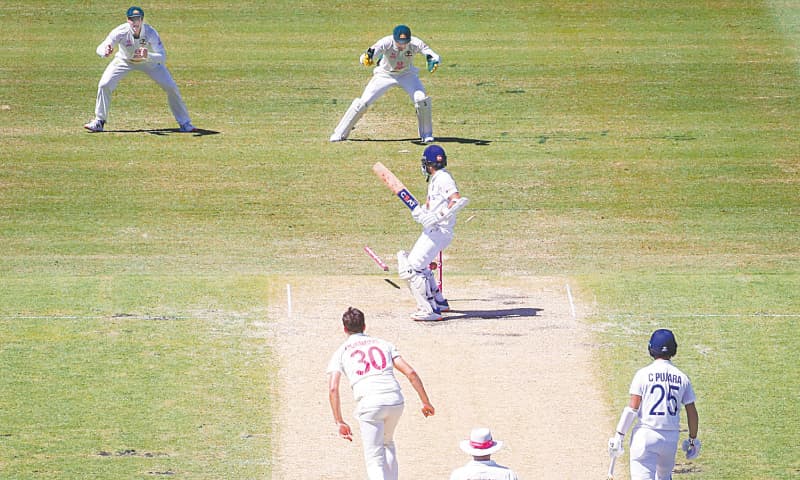 SYDNEY: Indian captain Ajinkya Rahane reacts after being bowled by Australian fast bowler Pat Cummins during the third Test at the Sydney Cricket Ground on Saturday.&mdash;AFP