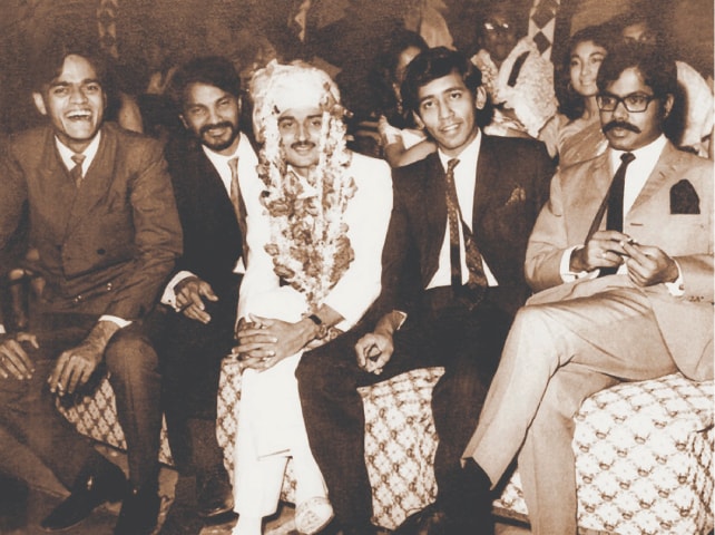 Left to right: Javed Jabbar, Shahid Sajjad, the bridegroom Anwar Maqsood, Irfan Husain and Javid Ali Khan in 1969