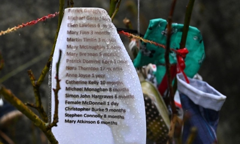 A detail view of some of the victims names hanging from a tree in the rain at the Tuam graveyard where the bodies of 796 babies were uncovered, on Jan 12. - Reuters