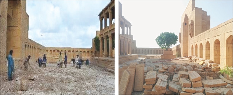 LABOURERS take part in the rehabilitation of some of the crumbling tombs at Makli necropolis on Friday.&mdash;Dawn