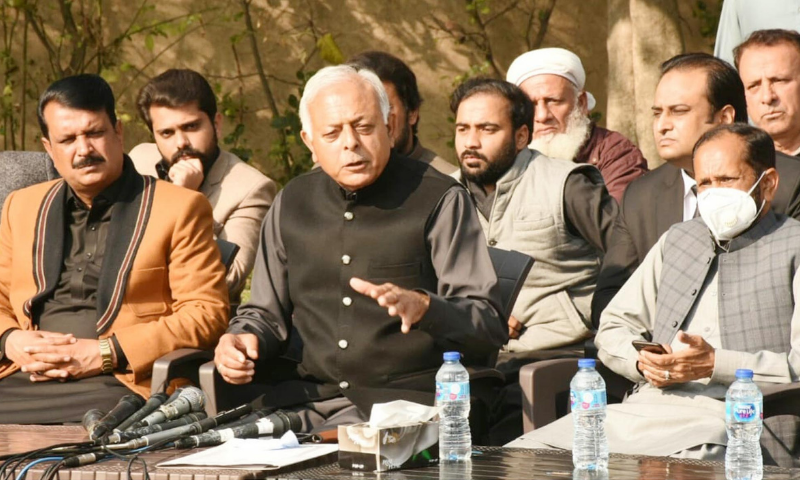 Aviation Minister Ghulam Sarwar Khan addresses a press conference in Rawalpindi on Saturday. — PID