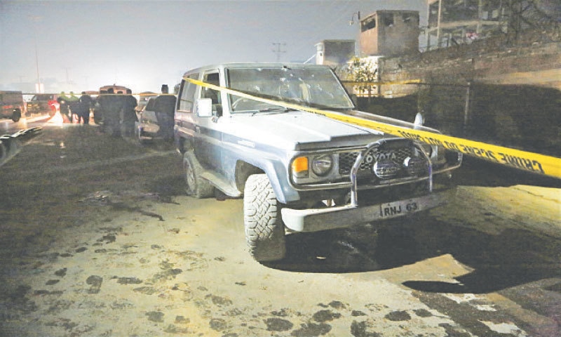 PESHAWAR: The scene of the attack that claimed the life of a policeman on Saturday. — White Star