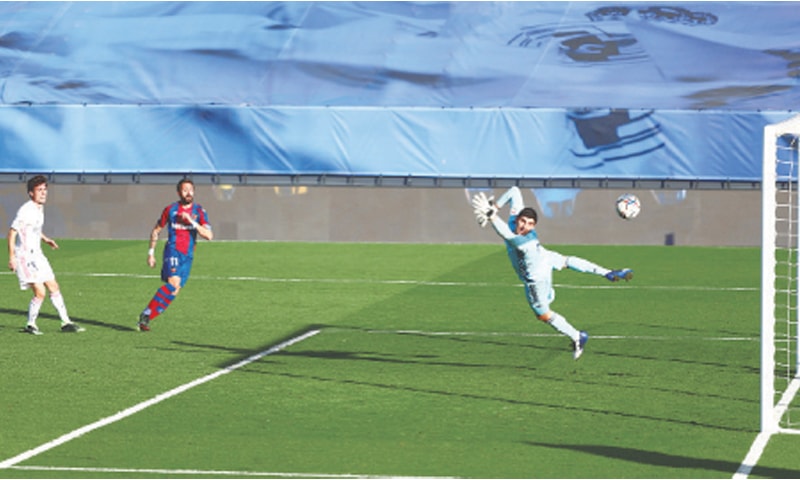 MADRID: Levante’s Jose Luis Morales (C) scores during the La Liga match against Real Madrid at the Estadio Alfredo Di Stefano.—Reuters MADRID: Levante’s Jose Luis Morales (C) scores during the La Liga match against Real Madrid at the Estadio Alfredo Di Stefano.—Reuters