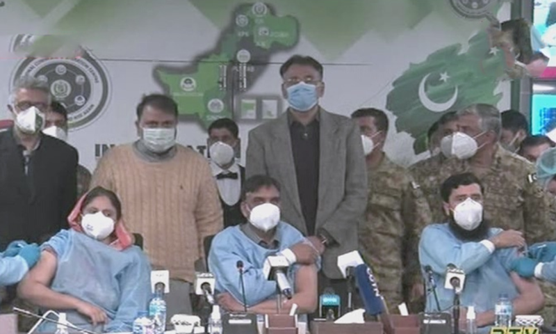 Healthcare workers were administered the Sinopharm vaccine at a special ceremony at National Command and Operation Center in Islamabad. — DawnNewsTV