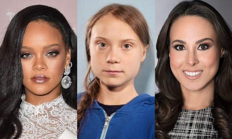 This combination photo shows US popstar Rihanna (L), Climate activist Greta Thunberg (C) and Meena Harris. – Twitter