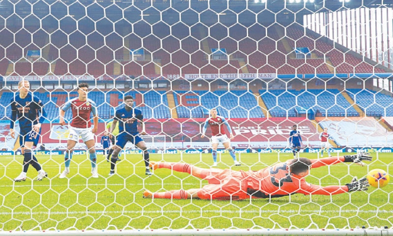 BIRMINGHAM: Aston Villa&rsquo;s Ollie Watkins (second L) scores during the English Premier League match against Arsenal at Villa Park on Saturday.&mdash;AFP
