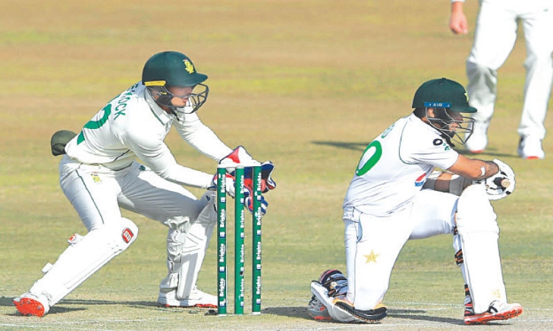 PAKISTAN opener Abid Ali is caught behind by South African captain Quinton de Kock off the bowling of Keshav Maharaj.—AFP