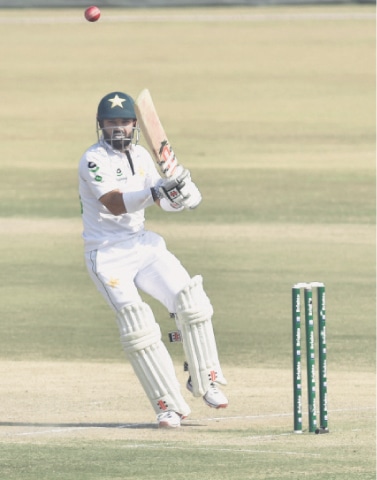 RAWALPINDI: Pakistan batsman Mohammad Rizwan pulls during his century against South Africa in the second Test at the Pindi Cricket Stadium on Sunday.—Tanveer Shahzad/White Star