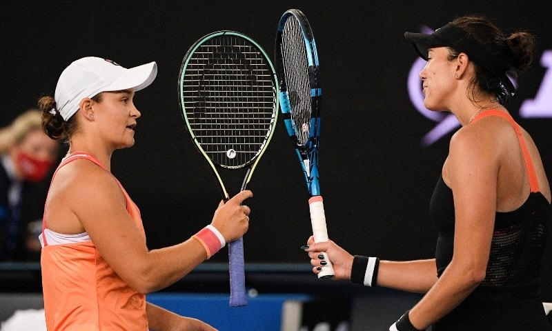 Australia's Ash Barty, left, is congratulated by Spain's Garbine Muguruza after winning the final of the Yarra River Classic in Melbourne on Feb 7. &mdash; AP