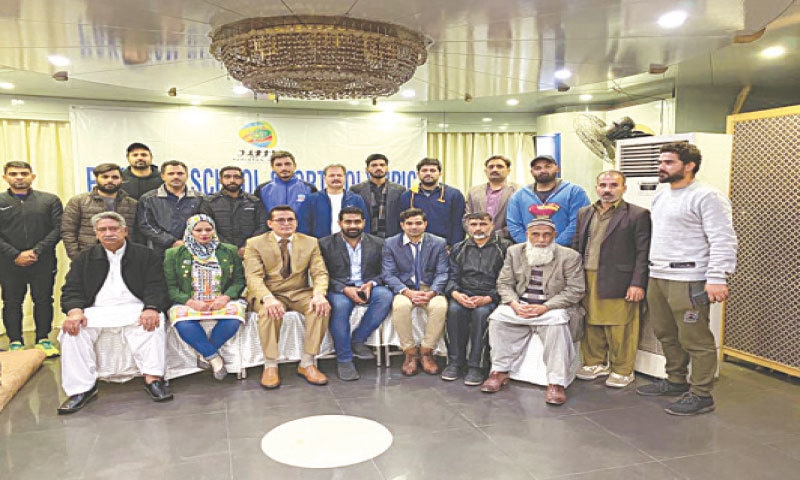 LAHORE: President Pakistan School Sports Olympics Gohar Raza, PSSO Lahore’s Secretary General Nabeel Ahmed, Olympic athlete Shabana Akhtar and other school and college officials are seen during an introduction meeting held here at the Al-Safina Hotel on Friday. The School-College Games Lahore 2020-21 are likely to be held from the first week of March.