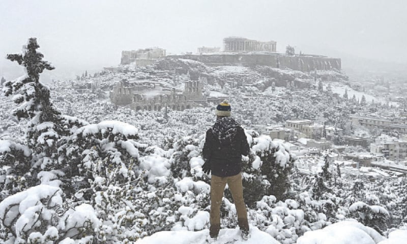 Snow is common in Greece’s mountains and in the north of the country, but much rarer in the capital.