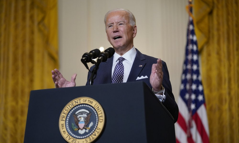 United States President Joe Biden speaks during a virtual event with the Munich Security Conference in the East Room of the White House on Friday. — AP