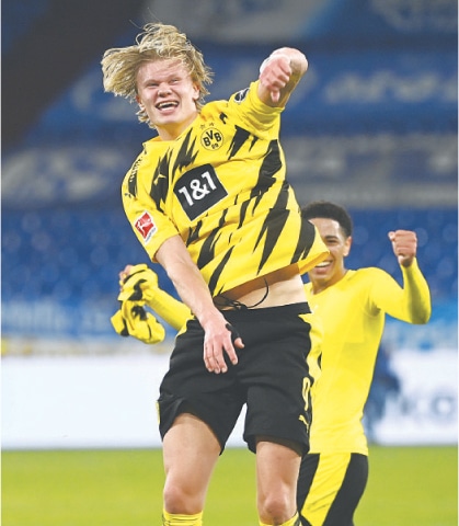 GELSENKIRCHEN: Borussia Dortmund’s Erling Braut Haaland celebrates after the Bundesliga match against Schalke 04 at the Veltins Arena.—Reuters