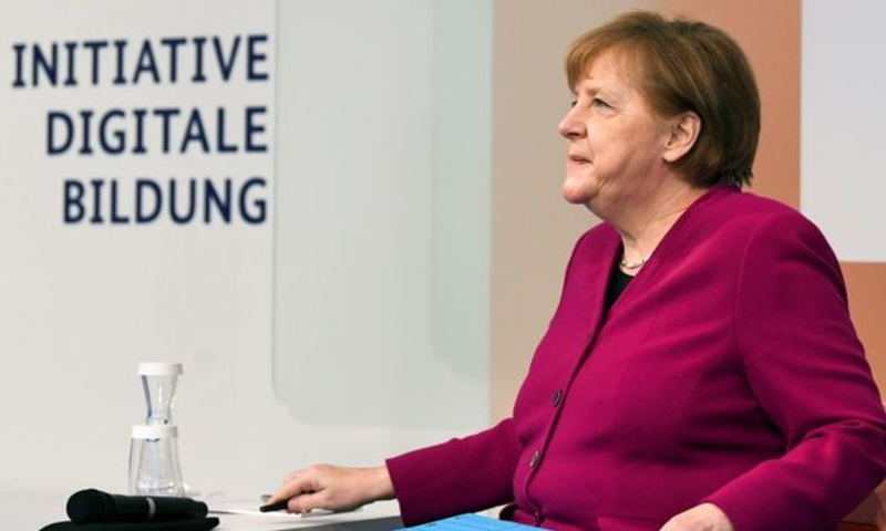 German Chancellor Angela Merkel looks on as she holds a virtual dialogue with experts about virtual education, at the Chancellery in Berlin, Feb 22. — Reuters