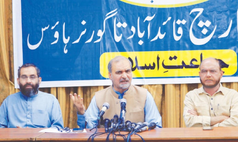 JI city chief Hafiz Naeem speaks at Idara Noor-i-Haq on Tuesday.—PPI JI city chief Hafiz Naeem speaks at Idara Noor-i-Haq on Tuesday.—PPI