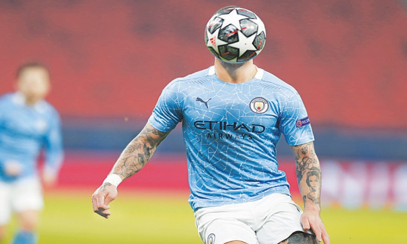 BUDAPEST: Manchester City&rsquo;s Kyle Walker controls the ball during the Champions League round-of-16 first leg against Borussia Monchengladbach at the Puskas Arena.&mdash;AP