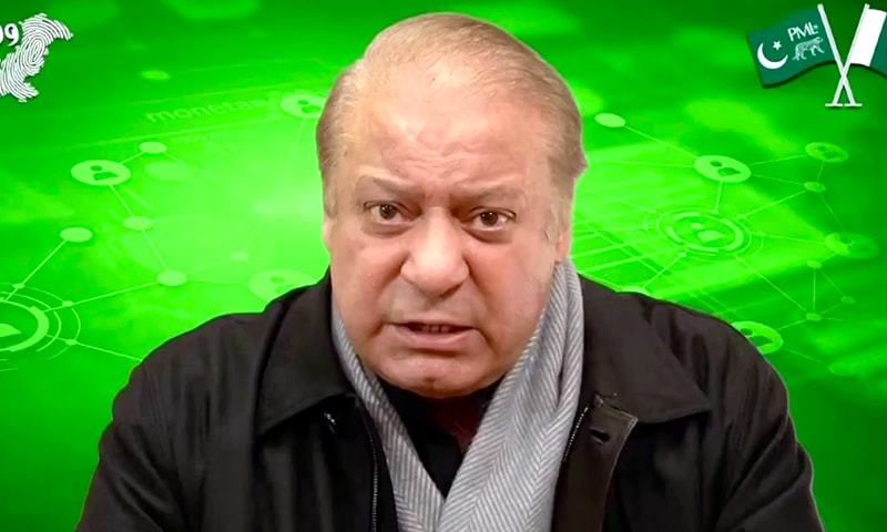 PML-N supremo Nawaz Sharif spoke in a video address on the ECP's decision on the NA-75 (Daska) by-polls. — DawnNewsTV