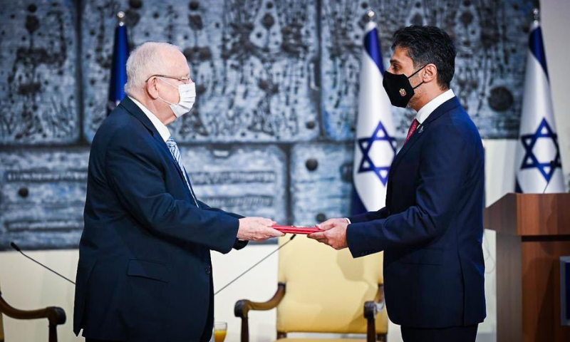 Mohamed Al Khaja, the UAE envoy, arrived in Israel on Monday, delivered his credentials to Israeli President Reuven Rivlin at a ceremony in Jerusalem. — Photo courtesy Al Khaja Twitter